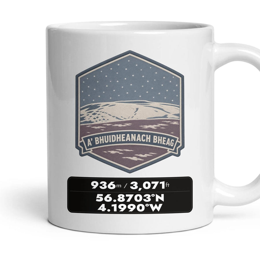 A' Bhuidheanach Bheag Summit Patch mug, 11oz white ceramic, A' Bhuidheanach Bheag, handle right
