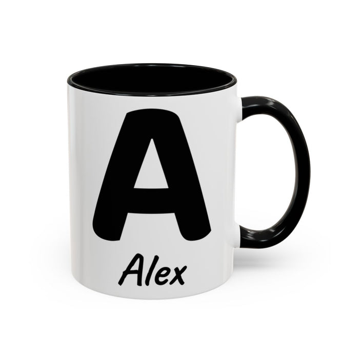 Personalised Initial Mug — Black Accent (L5S2) mug, 11oz white ceramic, black handle and interior, Black, handle right