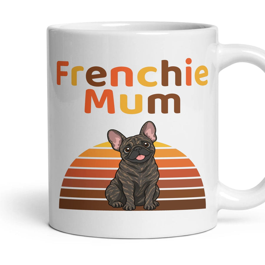 Frenchie Mum mug, 11oz white ceramic, Brindle, handle right