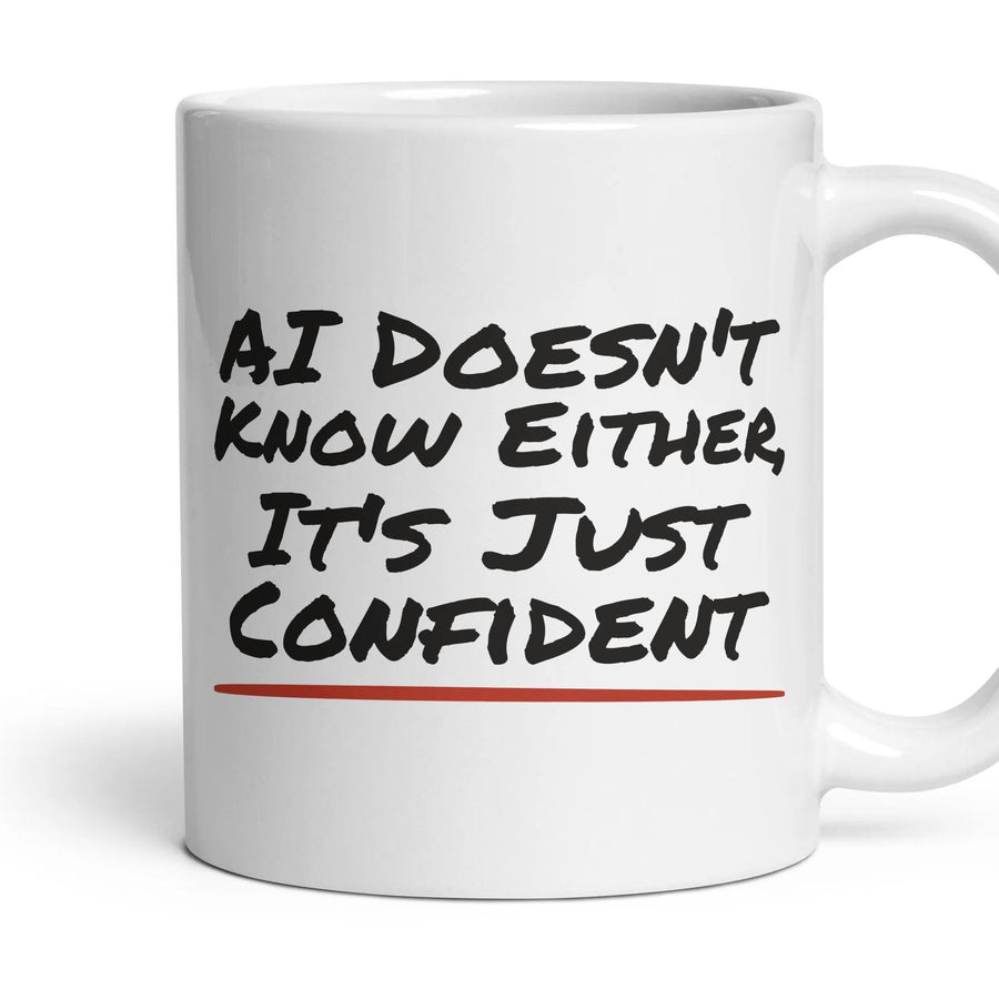 AI Doesn't Know Either, It's Just Confident mug, 11oz white ceramic, handle right