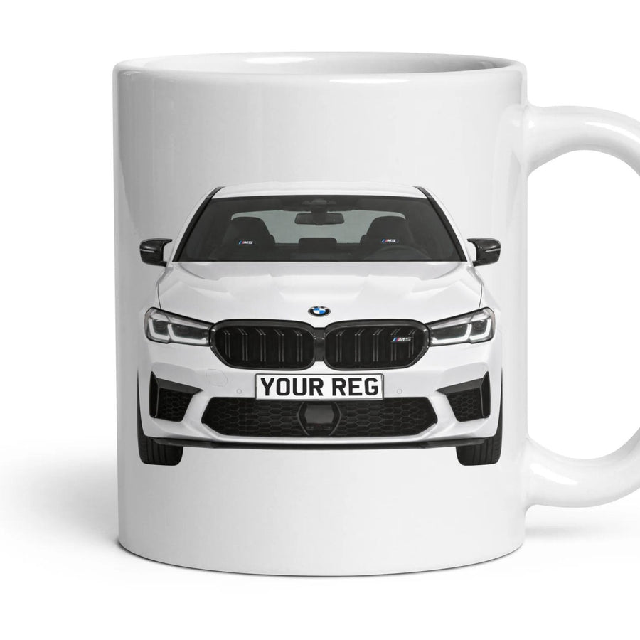 BMW M5 Competition Personalised Number Plate Mug - Alpine White - Front & Rear mug, 11oz white ceramic, Alpine White, handle right
