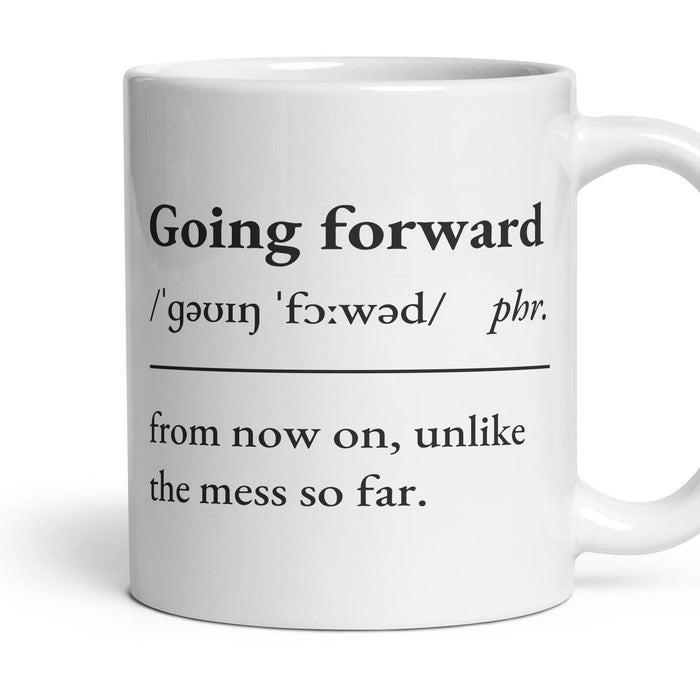 Going forward mug, 11oz white ceramic, handle right