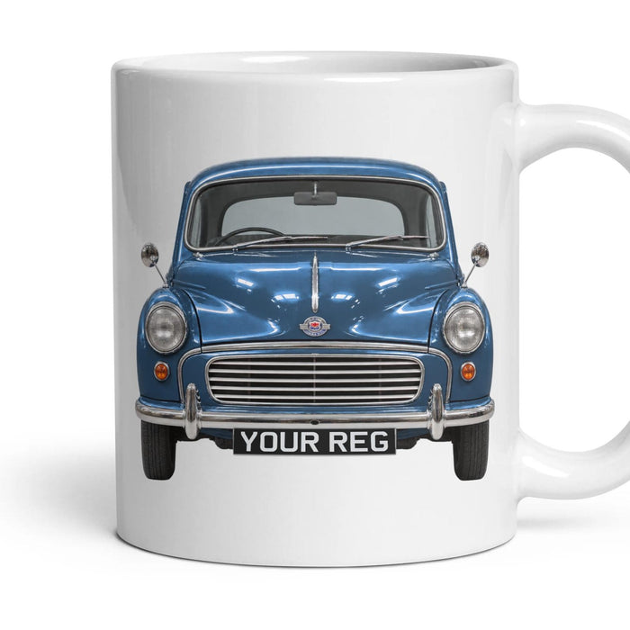 Morris Minor 1000 Personalised Number Plate Mug - Trafalgar Blue - Front & Rear mug, 11oz white ceramic, Trafalgar Blue, handle right