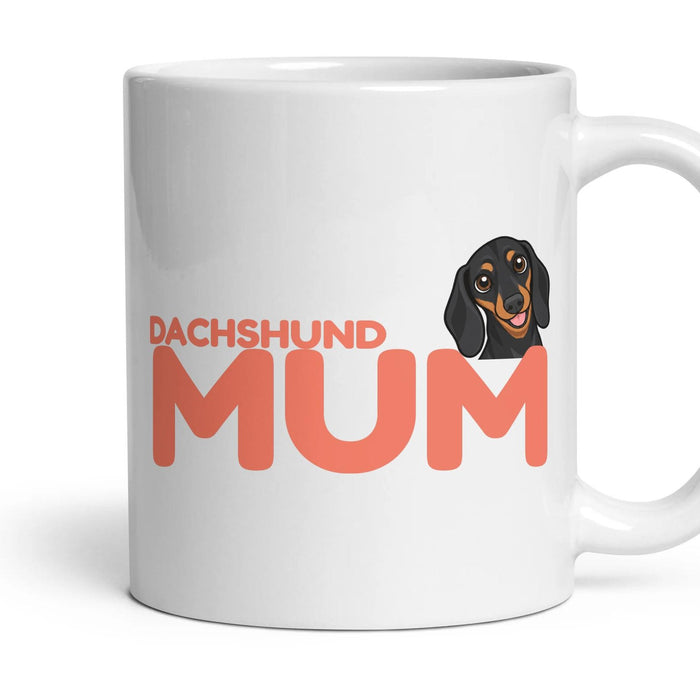 Dachshund Mum mug, 11oz white ceramic, Black & Tan, handle right