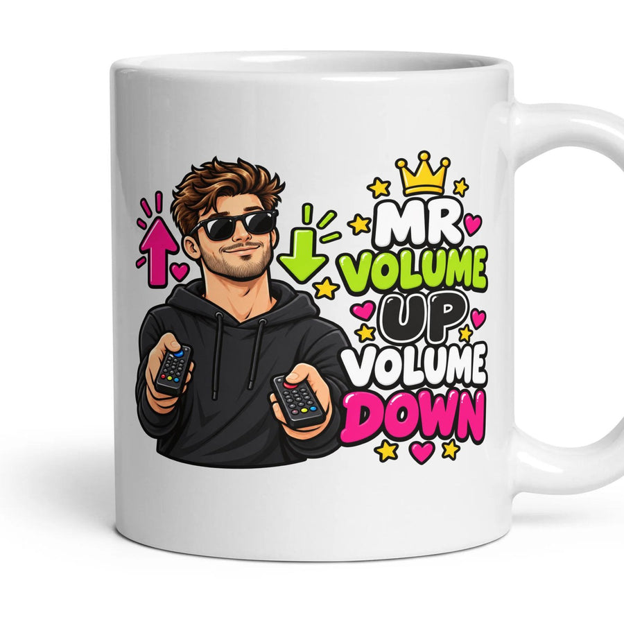 Mr Volume Up Volume Down mug, 11oz white ceramic, handle right