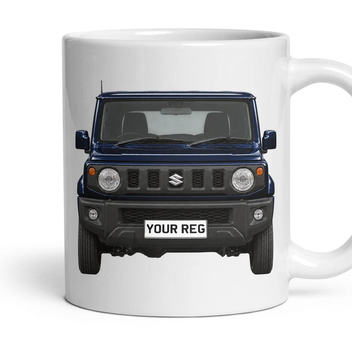 Suzuki Jimny Personalised Number Plate Mug - Bluish Black Pearl - Front & Rear mug, 11oz white ceramic, Bluish Black Pearl, handle right