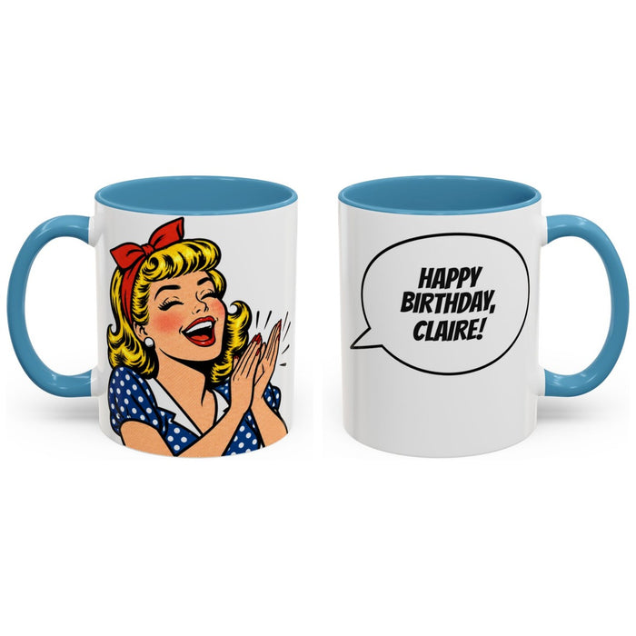 HAPPY BIRTHDAY, [Name]! mug, 11oz white ceramic, light blue handle and interior, handle right