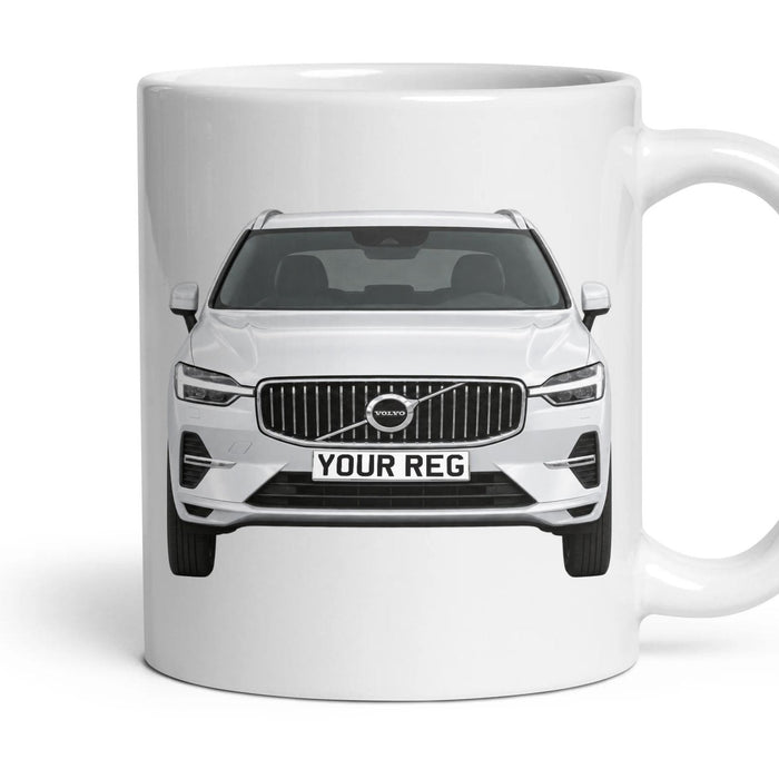 Volvo XC60 Personalised Number Plate Mug - Crystal White Pearl - Front & Rear mug, 11oz white ceramic, Crystal White Pearl, handle right