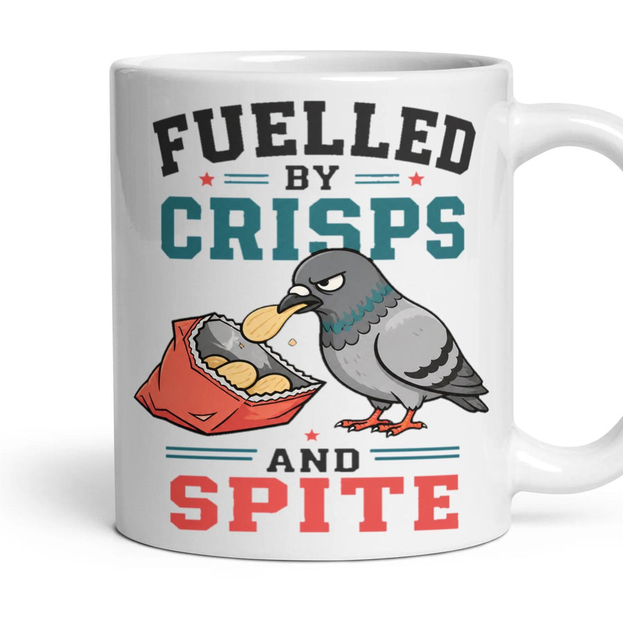Fuelled by Crisps and Spite mug, 11oz white ceramic, handle right