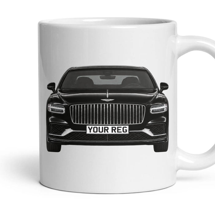 Bentley Flying Spur Personalised Number Plate Mug - Beluga Black - Front & Rear mug, 11oz white ceramic, Beluga Black, handle right