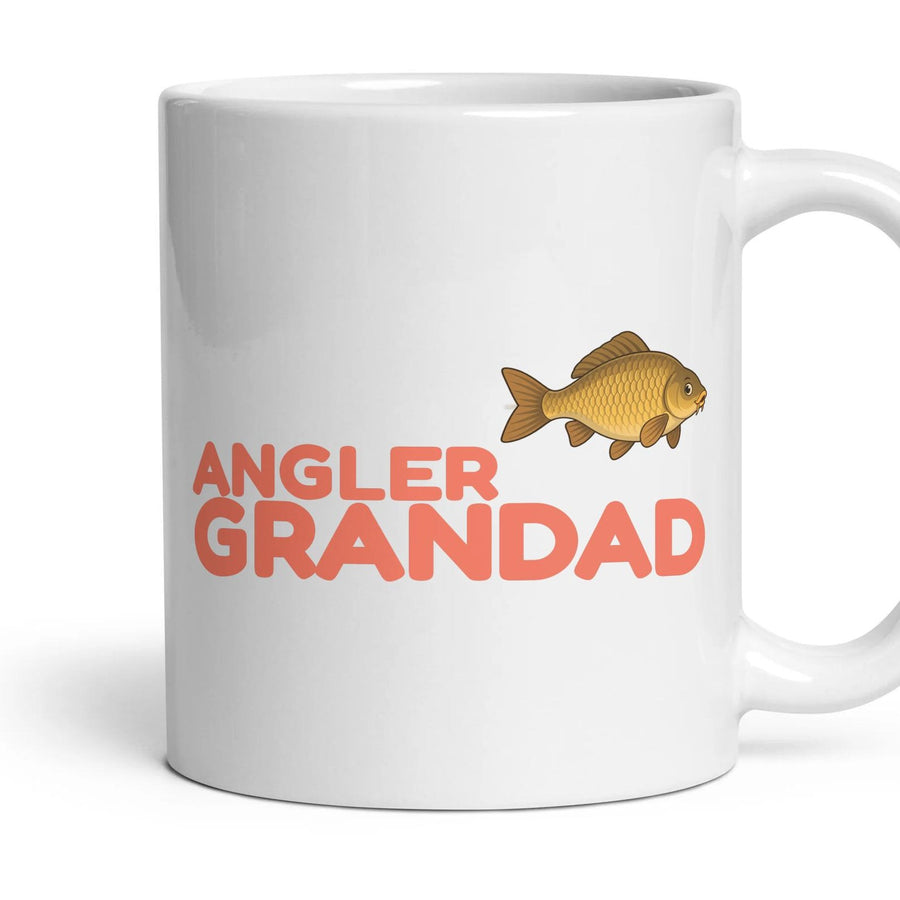 Angler Grandad mug, 11oz white ceramic, Carp, handle right