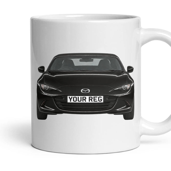 Mazda MX-5 Personalised Number Plate Mug - Jet Black Mica - Front & Rear mug, 11oz white ceramic, Jet Black Mica, handle right