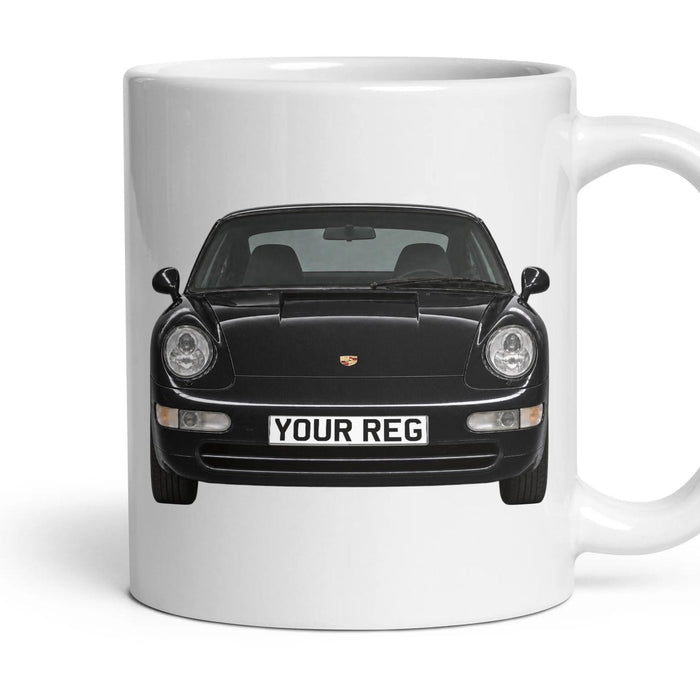 Porsche 911 993 Personalised Number Plate Mug - Black Metallic - Front & Rear mug, 11oz white ceramic, Black Metallic, handle right