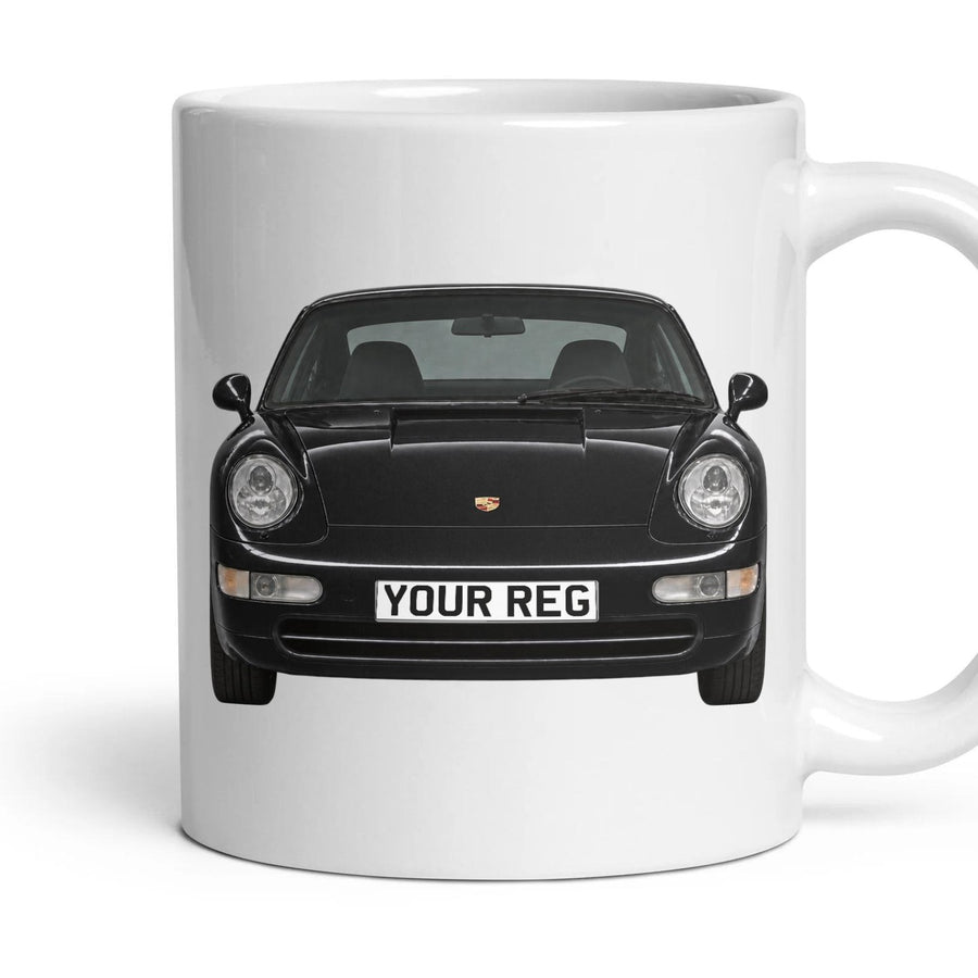 Porsche 911 993 Personalised Number Plate Mug - Black Metallic - Front & Rear mug, 11oz white ceramic, Black Metallic, handle right