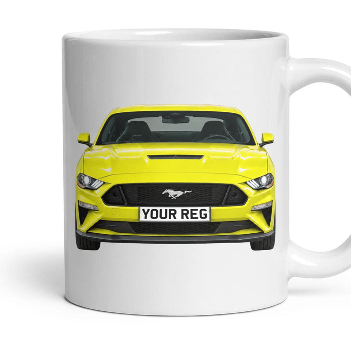 Ford Mustang Personalised Number Plate Mug - Triple Yellow - Front & Rear mug, 11oz white ceramic, Triple Yellow, handle right
