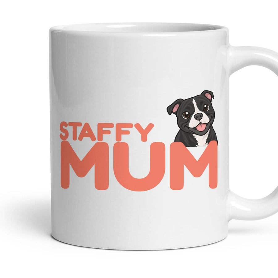 Staffy Mum mug, 11oz white ceramic, Black & White, handle right