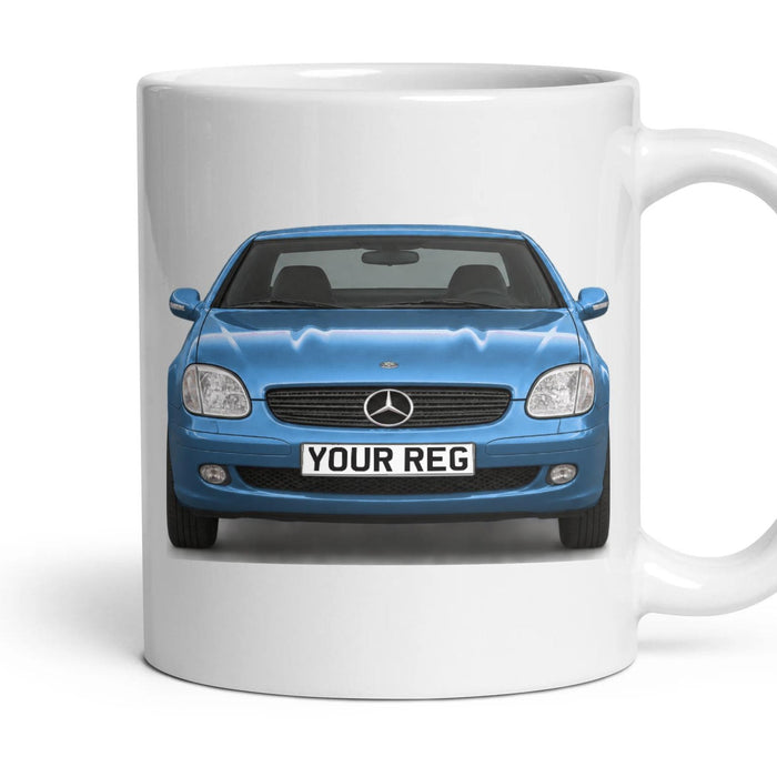 Mercedes-Benz SLK R170 Personalised Number Plate Mug - Bahama Blue Pearl - Front & Rear mug, 11oz white ceramic, Bahama Blue Pearl, handle right