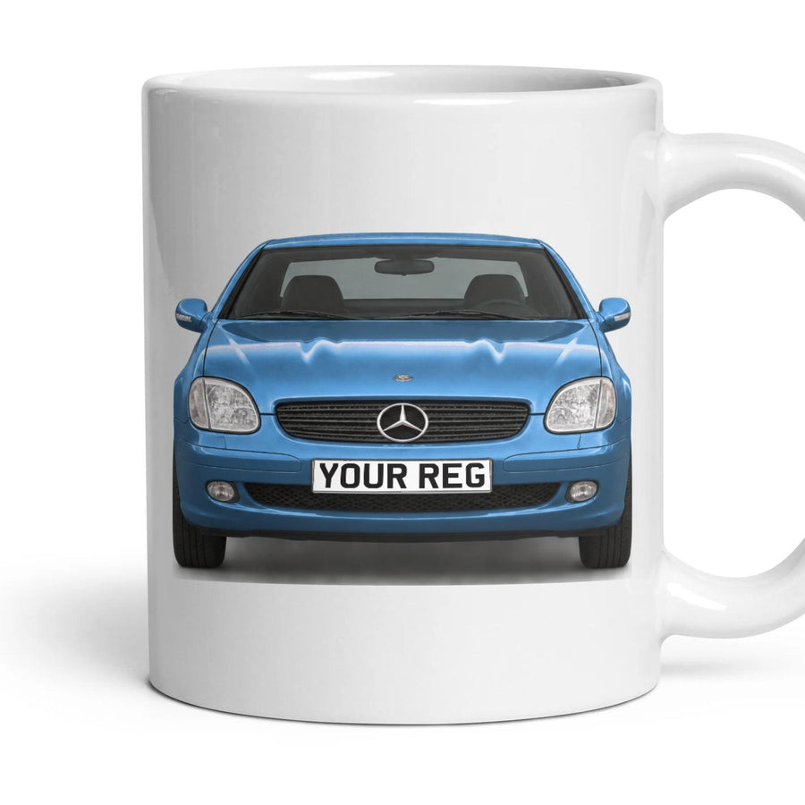Mercedes-Benz SLK R170 Personalised Number Plate Mug - Bahama Blue Pearl - Front & Rear mug, 11oz white ceramic, Bahama Blue Pearl, handle right