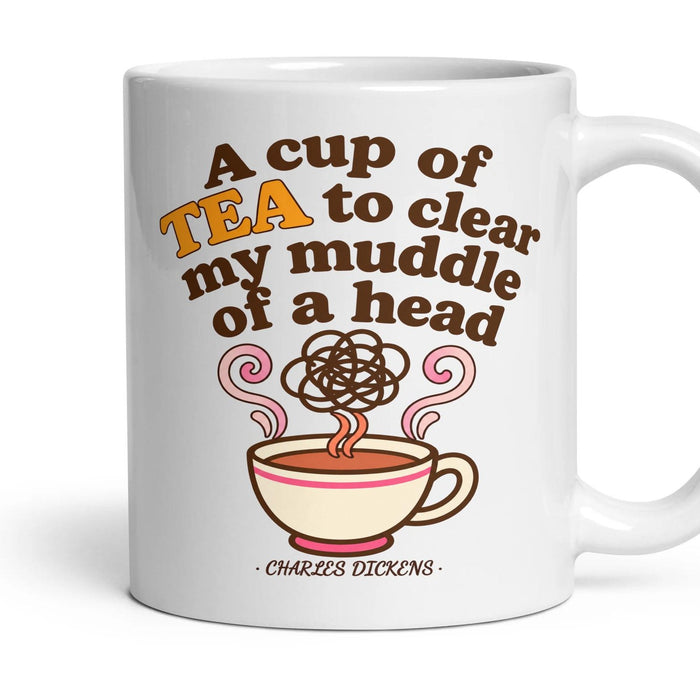 A cup of tea to clear my muddle of a head mug, 11oz white ceramic, handle right