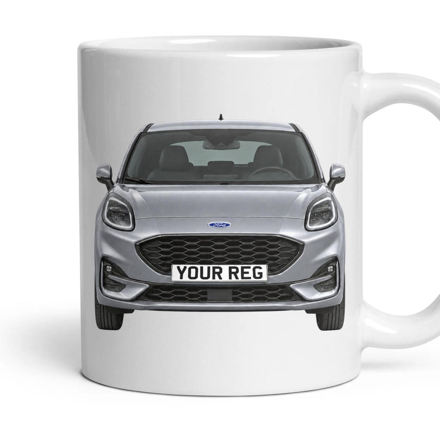 Ford Puma Personalised Number Plate Mug - Solar Silver - Front & Rear mug, 11oz white ceramic, Solar Silver, handle right