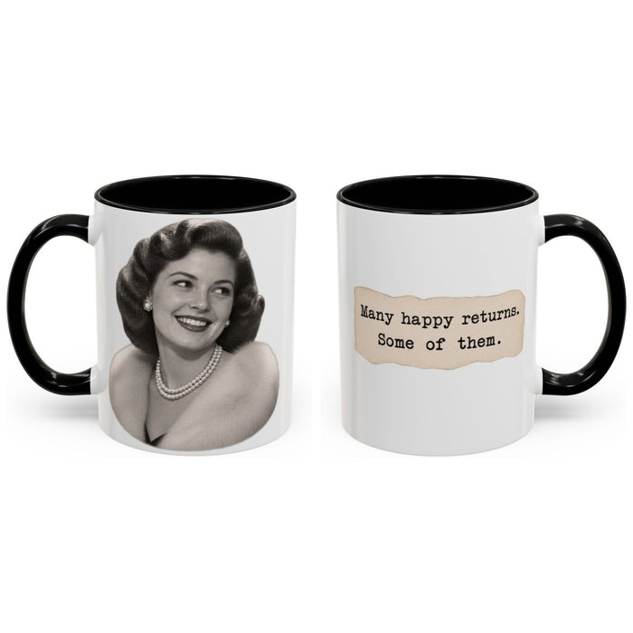Many happy returns. Some of them. mug, 11oz white ceramic, black handle and interior, handle right