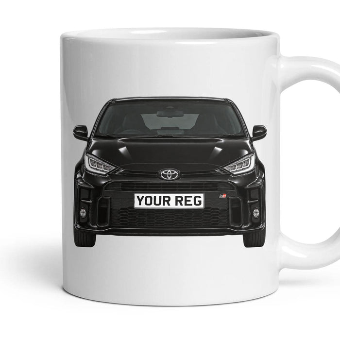 Toyota GR Yaris Personalised Number Plate Mug - Black - Front & Rear mug, 11oz white ceramic, Black, handle right