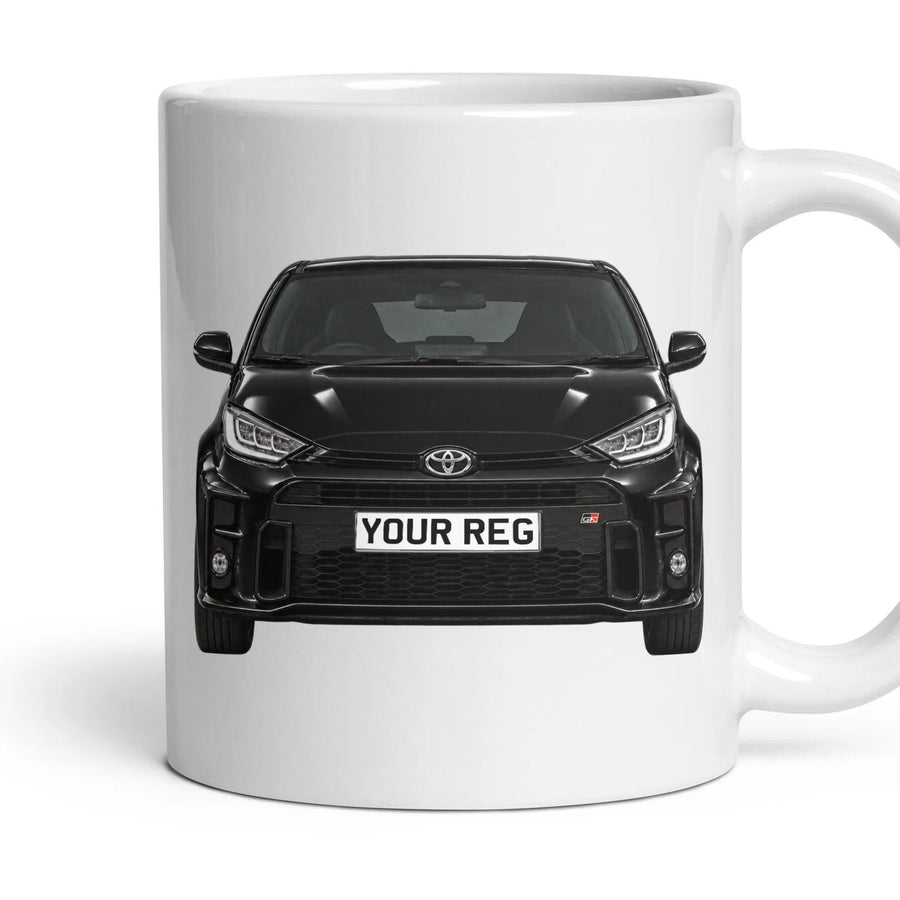 Toyota GR Yaris Personalised Number Plate Mug - Black - Front & Rear mug, 11oz white ceramic, Black, handle right