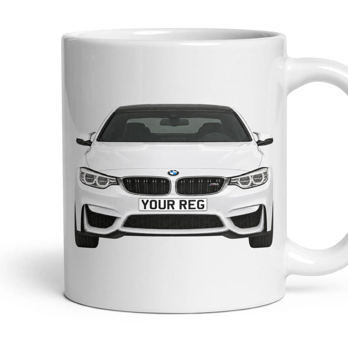 BMW M4 F82 Personalised Number Plate Mug - Alpine White - Front & Rear mug, 11oz white ceramic, Alpine White, handle right