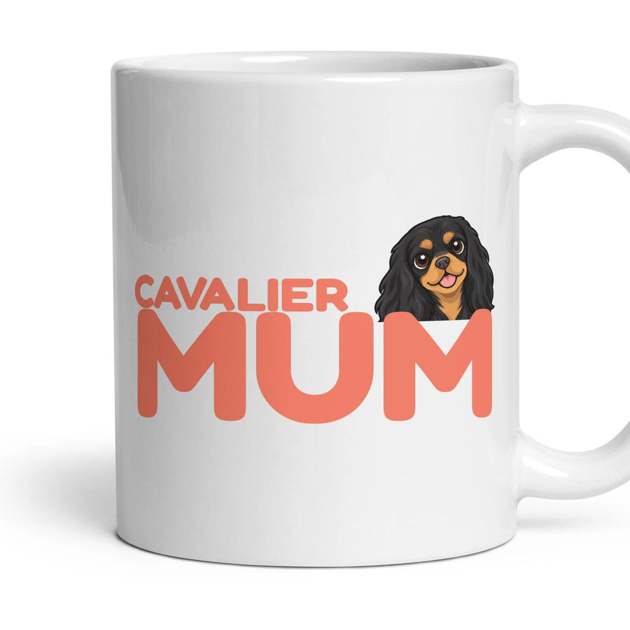 Cavalier Mum mug, 11oz white ceramic, Black & Tan, handle right
