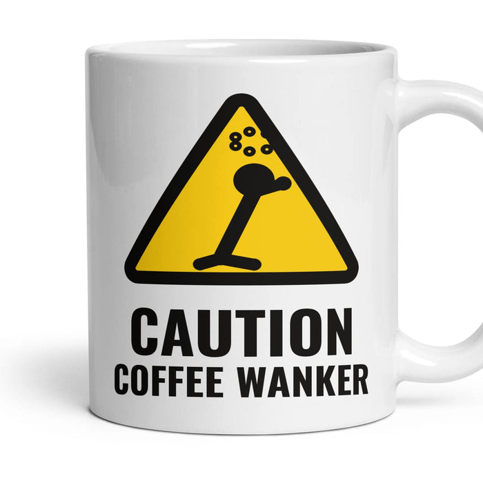 CAUTION: COFFEE WANKER mug, 11oz white ceramic, handle right
