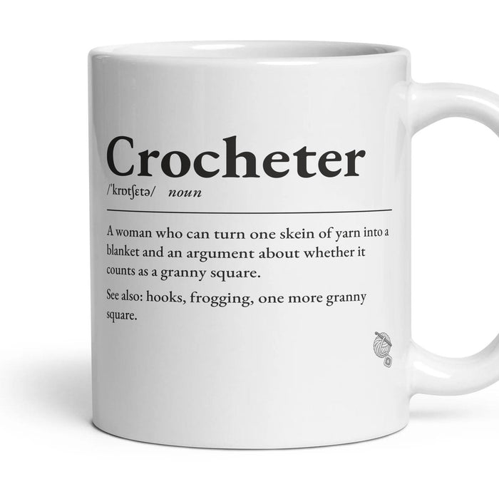 Crochet Nana mug, 11oz white ceramic, handle right