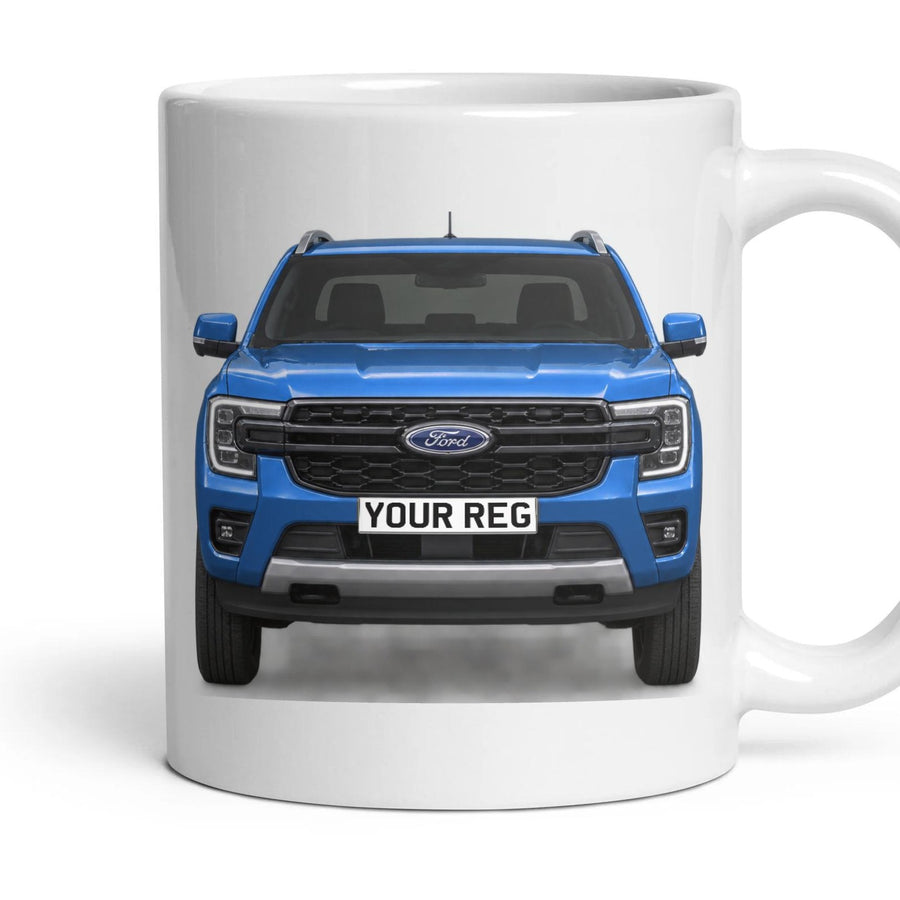 Ford Ranger Personalised Number Plate Mug - Blue Lightning - Front & Rear mug, 11oz white ceramic, Blue Lightning, handle right