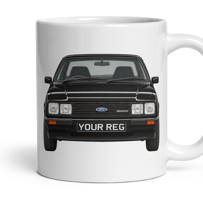 Ford Escort Mk2 RS2000 Personalised Number Plate Mug - Black - Front & Rear mug, 11oz white ceramic, Black, handle right