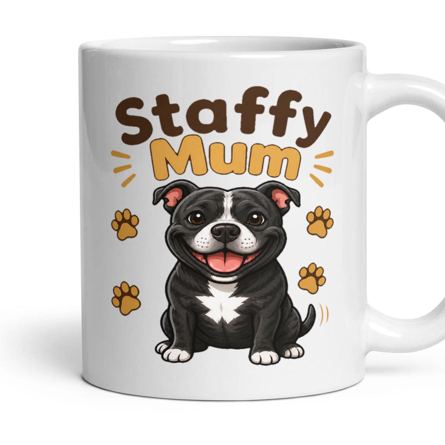 Staffy Mum mug, 11oz white ceramic, Black & White, handle right
