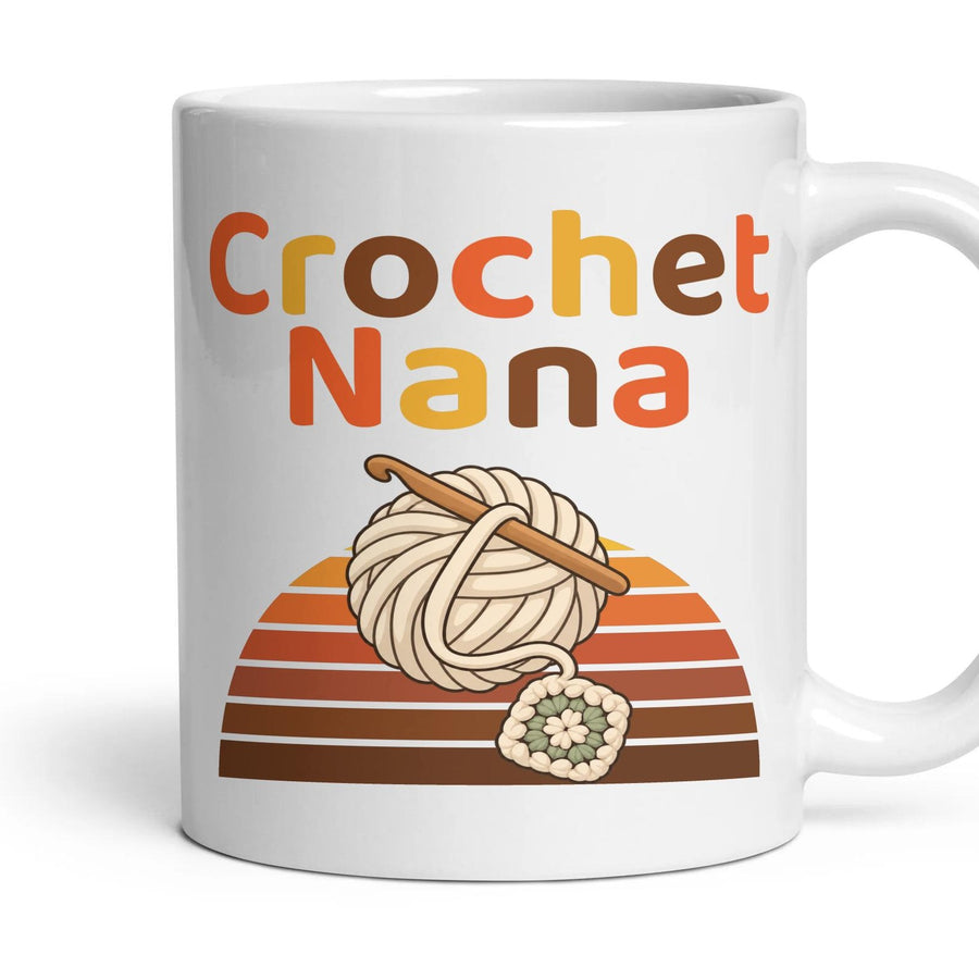 Crochet Nana mug, 11oz white ceramic, handle right