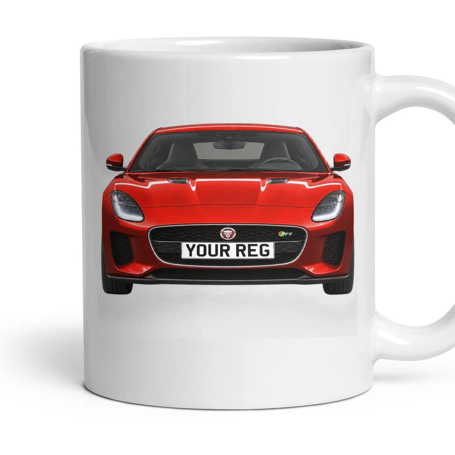 Jaguar F-Type Personalised Number Plate Mug - Firenze Red - Front & Rear mug, 11oz white ceramic, Firenze Red, handle right