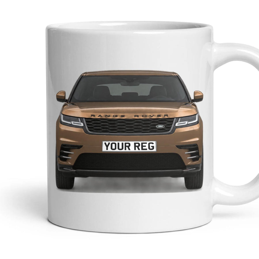 Range Rover Velar Personalised Number Plate Mug - Corinthian Bronze - Front & Rear mug, 11oz white ceramic, Corinthian Bronze, handle right