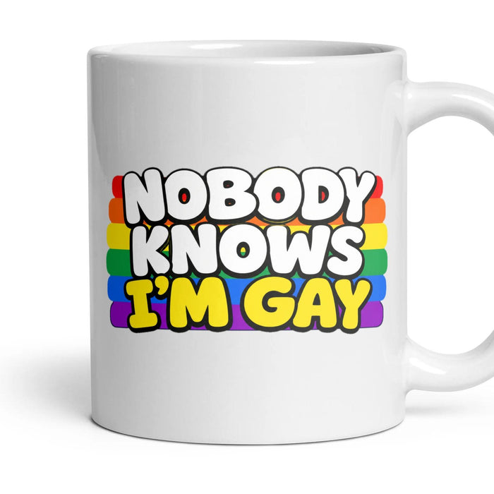 NOBODY KNOWS I'M GAY mug, 11oz white ceramic, handle right
