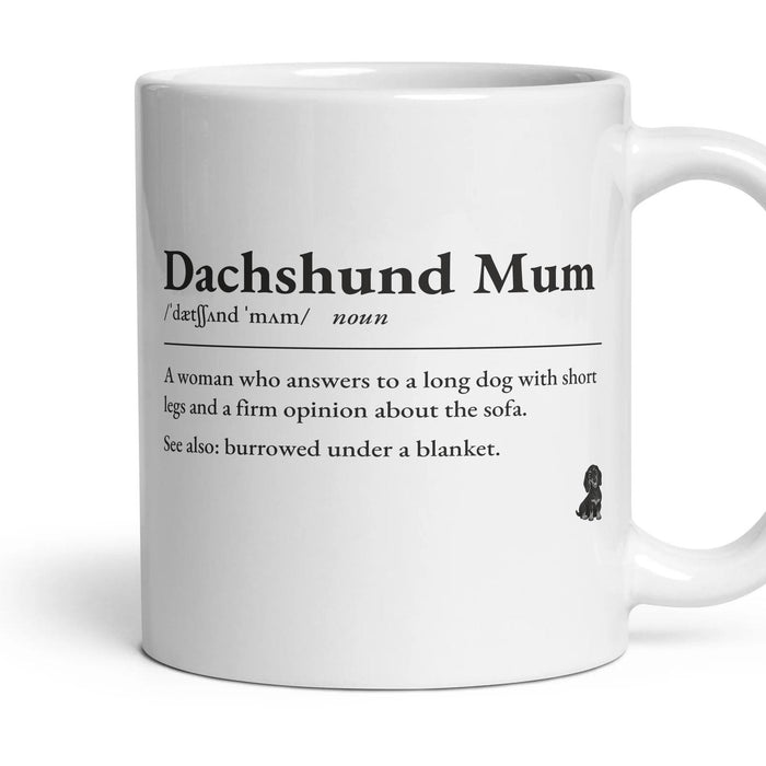 Dachshund Mum mug, 11oz white ceramic, Black & Tan, handle right