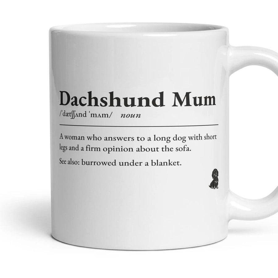 Dachshund Mum mug, 11oz white ceramic, Black & Tan, handle right