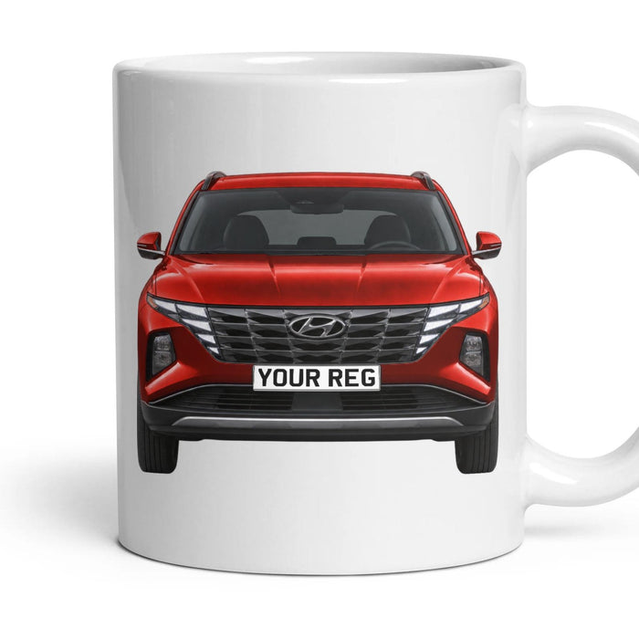 Hyundai Tucson Personalised Number Plate Mug - Dragon Red - Front & Rear mug, 11oz white ceramic, Dragon Red, handle right