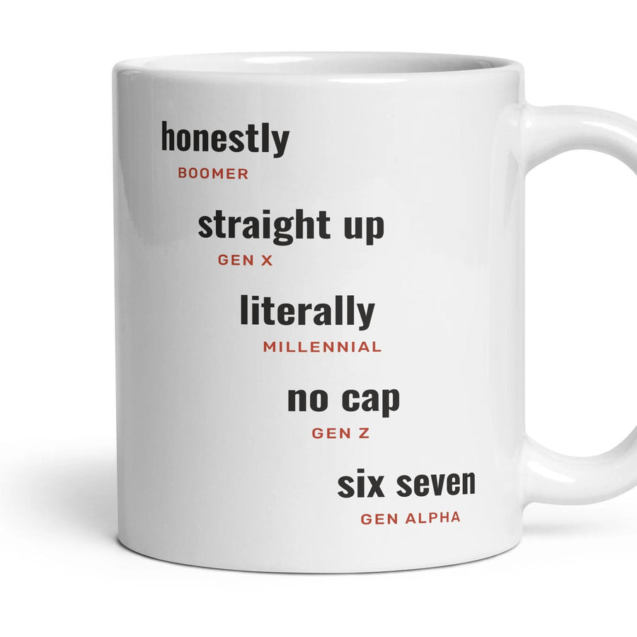 Saying it's true: honestly, straight up, literally, no cap, six seven mug, 11oz white ceramic, handle right