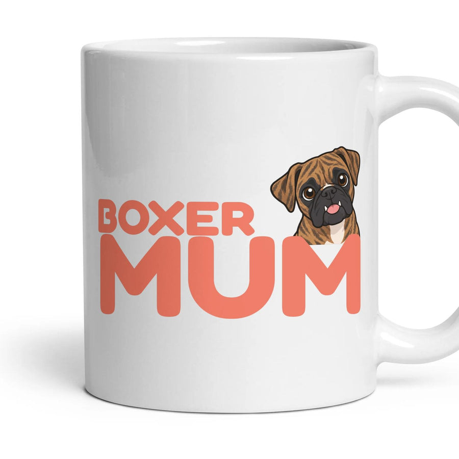Boxer Mum mug, 11oz white ceramic, Brindle, handle right