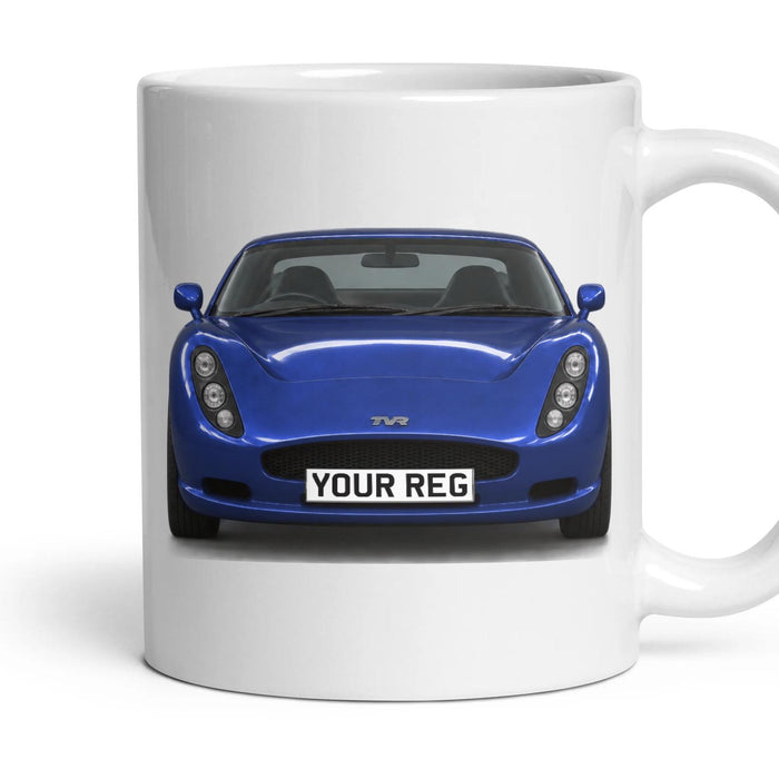 TVR Tuscan Personalised Number Plate Mug - Imperial Blue Mica - Front & Rear mug, 11oz white ceramic, Imperial Blue Mica, handle right