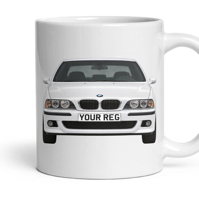 BMW M5 E39 Personalised Number Plate Mug - Alpine White - Front & Rear mug, 11oz white ceramic, Alpine White, handle right