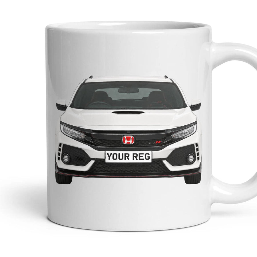 Honda Civic Type R FK8 Personalised Number Plate Mug - Championship White - Front & Rear mug, 11oz white ceramic, Championship White, handle right