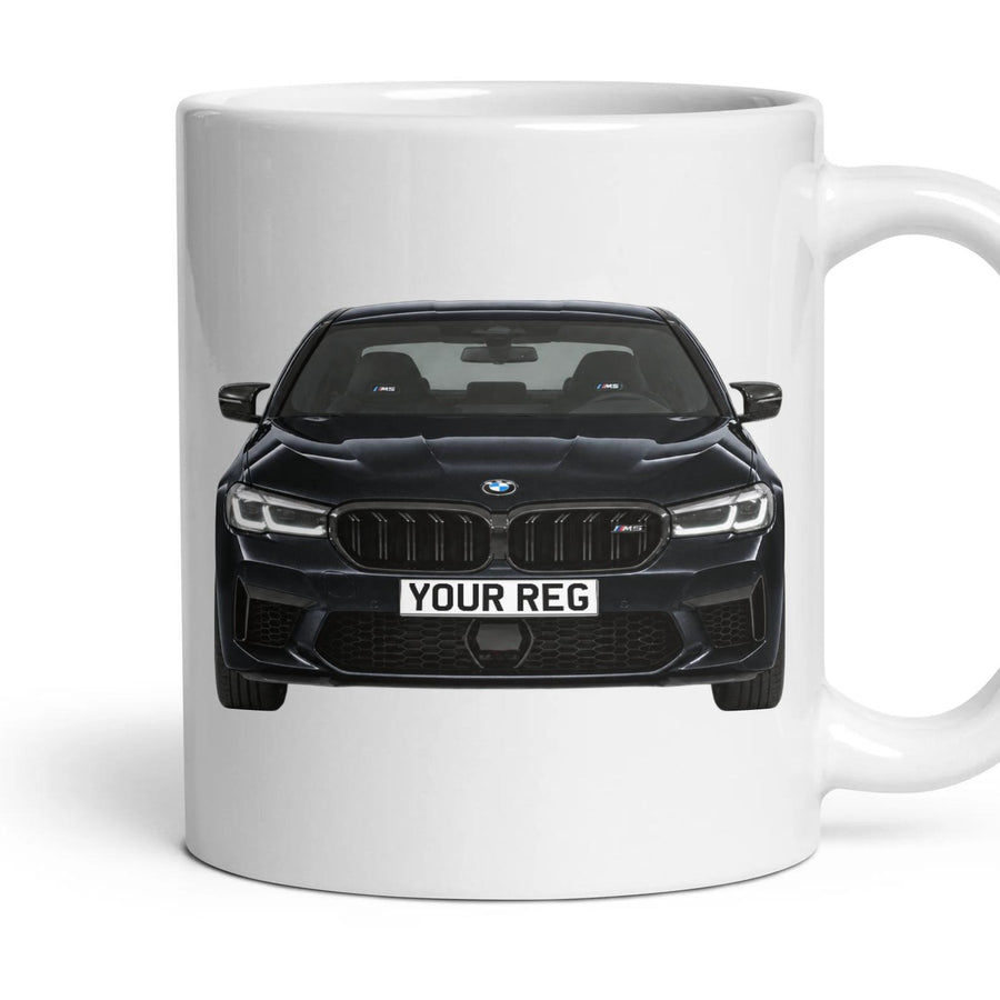 BMW M5 Competition Personalised Number Plate Mug - Sapphire Black - Front & Rear mug, 11oz white ceramic, Sapphire Black, handle right