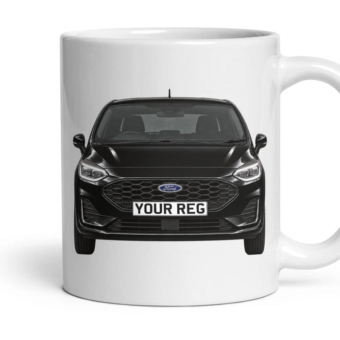 Ford Fiesta Personalised Number Plate Mug - Agate Black - Front & Rear mug, 11oz white ceramic, Agate Black, handle right