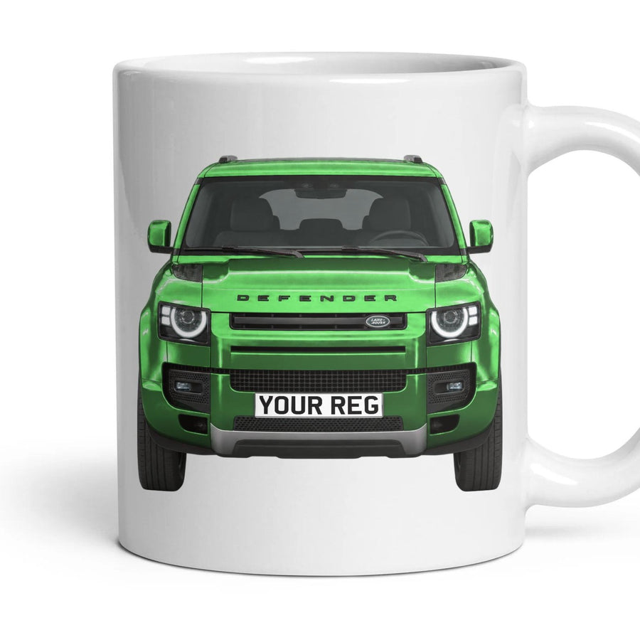Land Rover Defender Personalised Number Plate Mug - Pangea Green - Front & Rear mug, 11oz white ceramic, Pangea Green, handle right