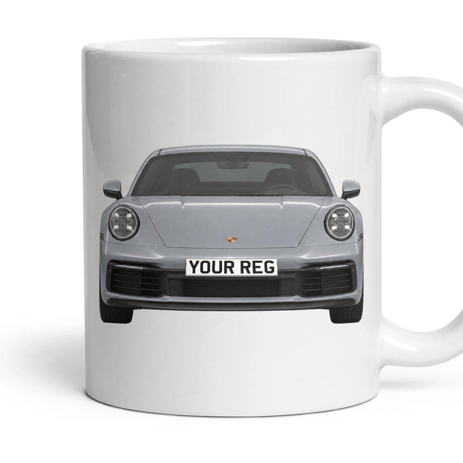 Porsche 911 992 Personalised Number Plate Mug - Agate Grey Metallic - Front & Rear mug, 11oz white ceramic, Agate Grey Metallic, handle right